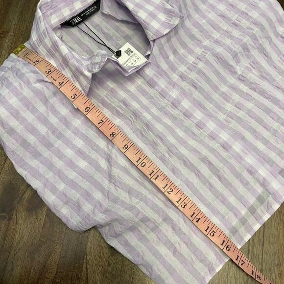 Zara Cropped Lilac Gingham Shoulder Padded Poplin Shirt - Picture 5 of 9